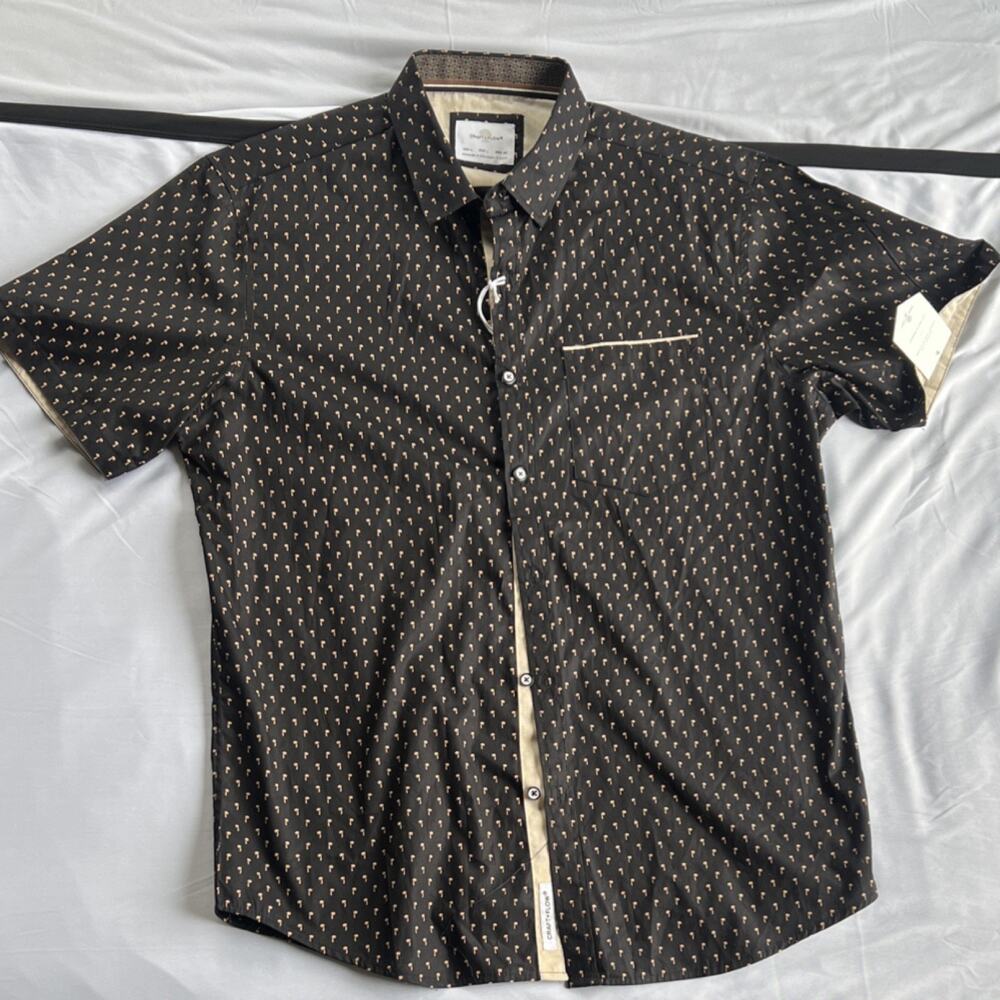 Craft Flow Men's L Palm Tree Print Button-Up Shirt Short Sleeve Black Beige